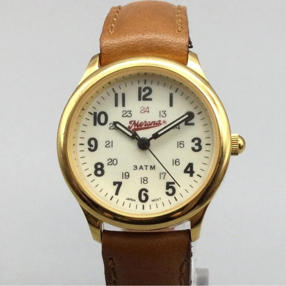 Merona Womens Watch 27mm Cream Dial Gold Tone Brown Leather Band